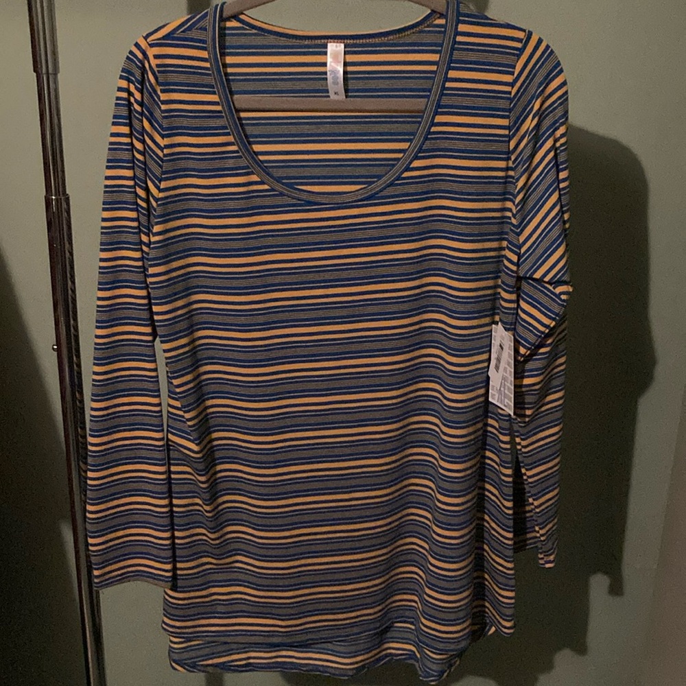 Lularoe xl blue and yellow striped Lynnae long sleeve shirt